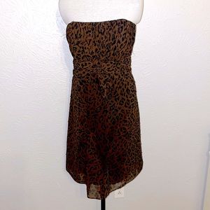 NICOLE MILLER PLATINUM STRAPLESS CHEETAH PRINT SEQUIN CHIFFON LINED DRESS